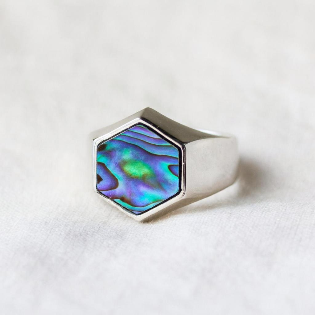 Natural Abalone Shell Signet Ring, 925 Solid Sterling Silver Jewelry