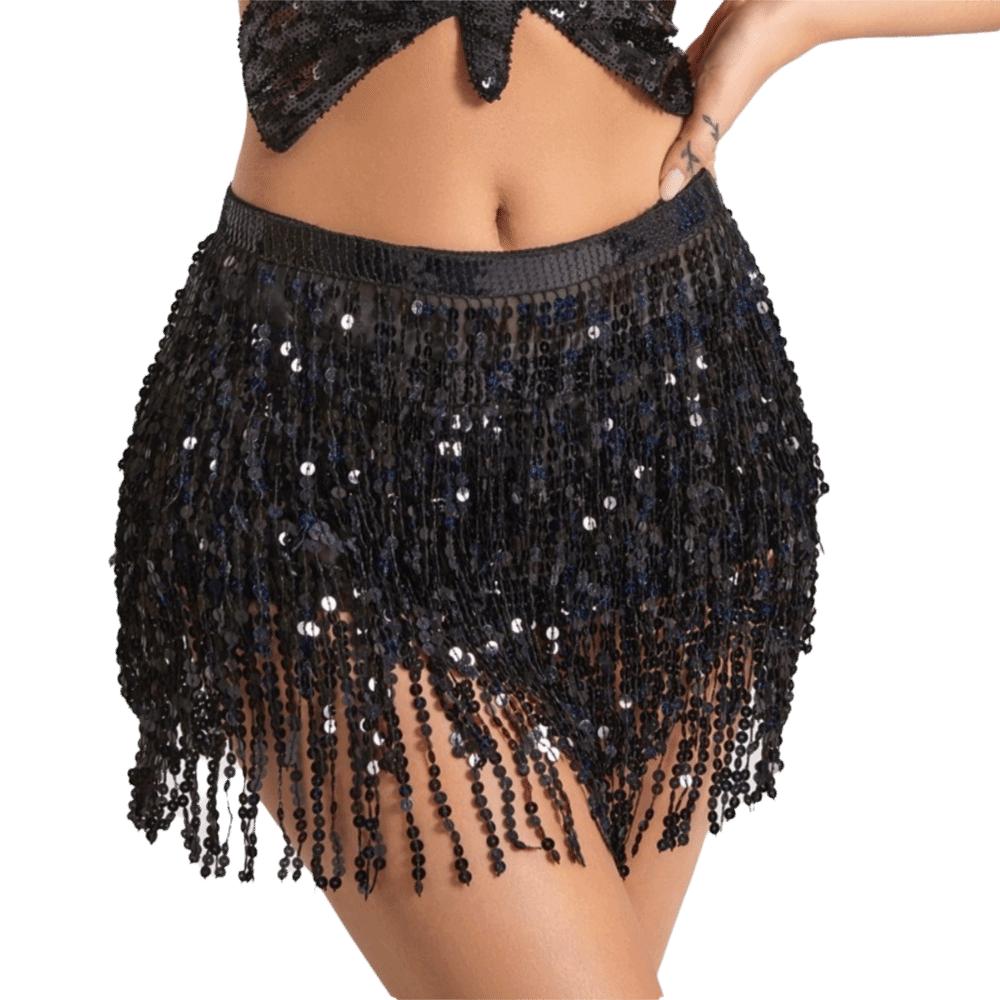 Sequins Belly Dance Waist Chain 4-Layer Tassel Hip Scarf Latin Dance Hula Short Skirt  Party