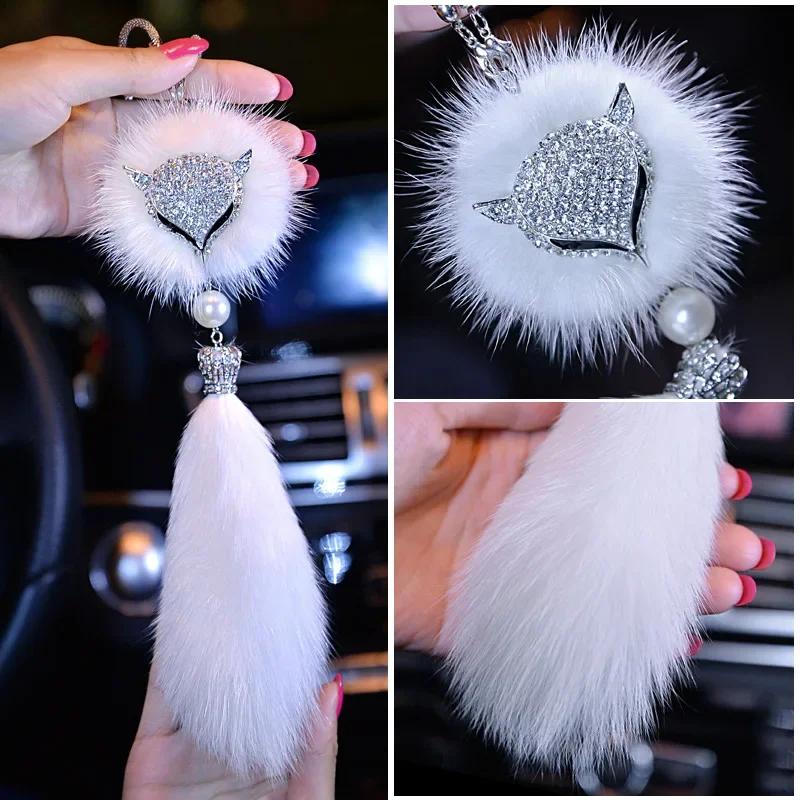 Car Pendant Fox Fur Crystal Set with Diamonds High End Ladies Interior Mirror Pendant Car Decor Accessories Interior Ornaments