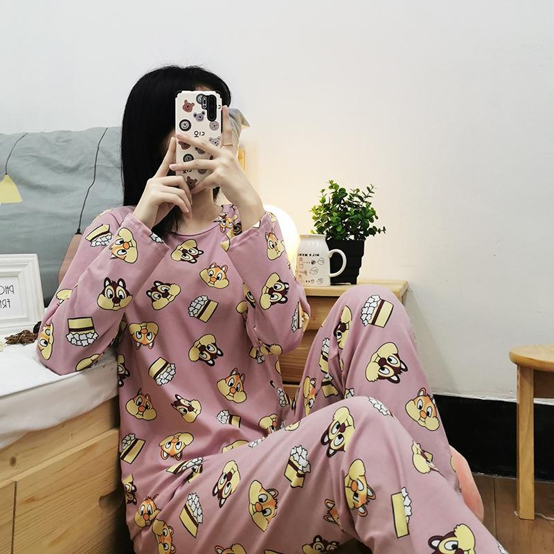Spring and Autumn women's cartoon pajamas, pink girl cat print long-sleeved suit, loose loungewear