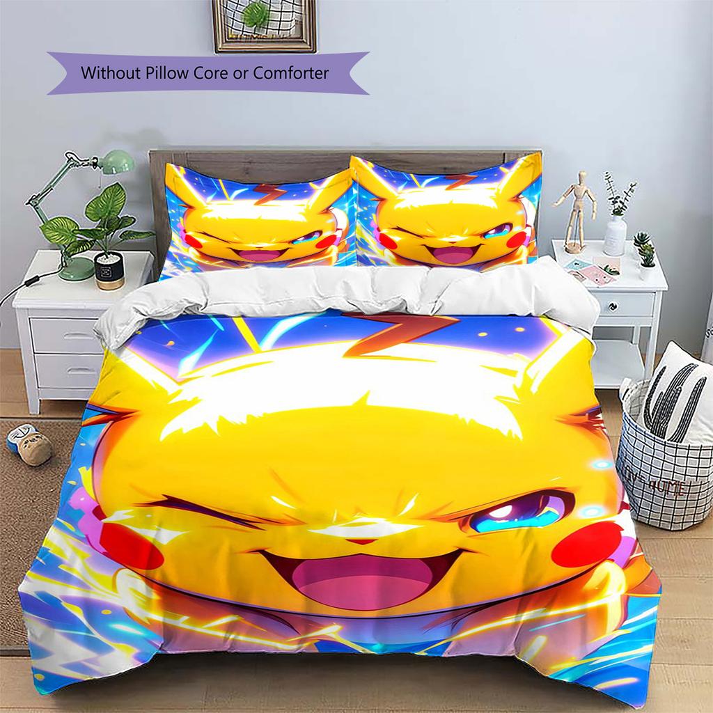 Pikachu Patterned Pillowcase & Duvet Cover Set Anime Print Themed Bedding for Bedroom Gift for Lovers.-TING