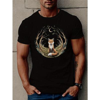 Europäische Größen Herren Mystischer Fuchs Wald Grafik T-Shirt, Lässiges Rundhals Polyester T-Shirt, Sommer Kurzarm Top mit leichter Dehnung, Normale Passform