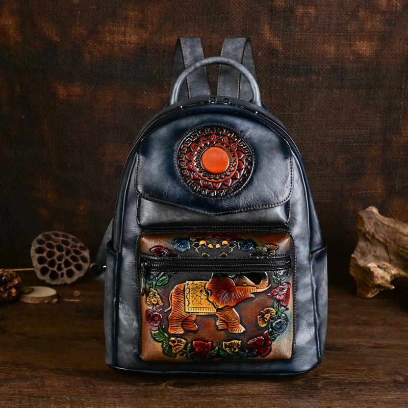 Johnature Mochila de couro feminina retrô com estampa de elefante, estampa de grande capacidade, bolsas de viagem para lazer