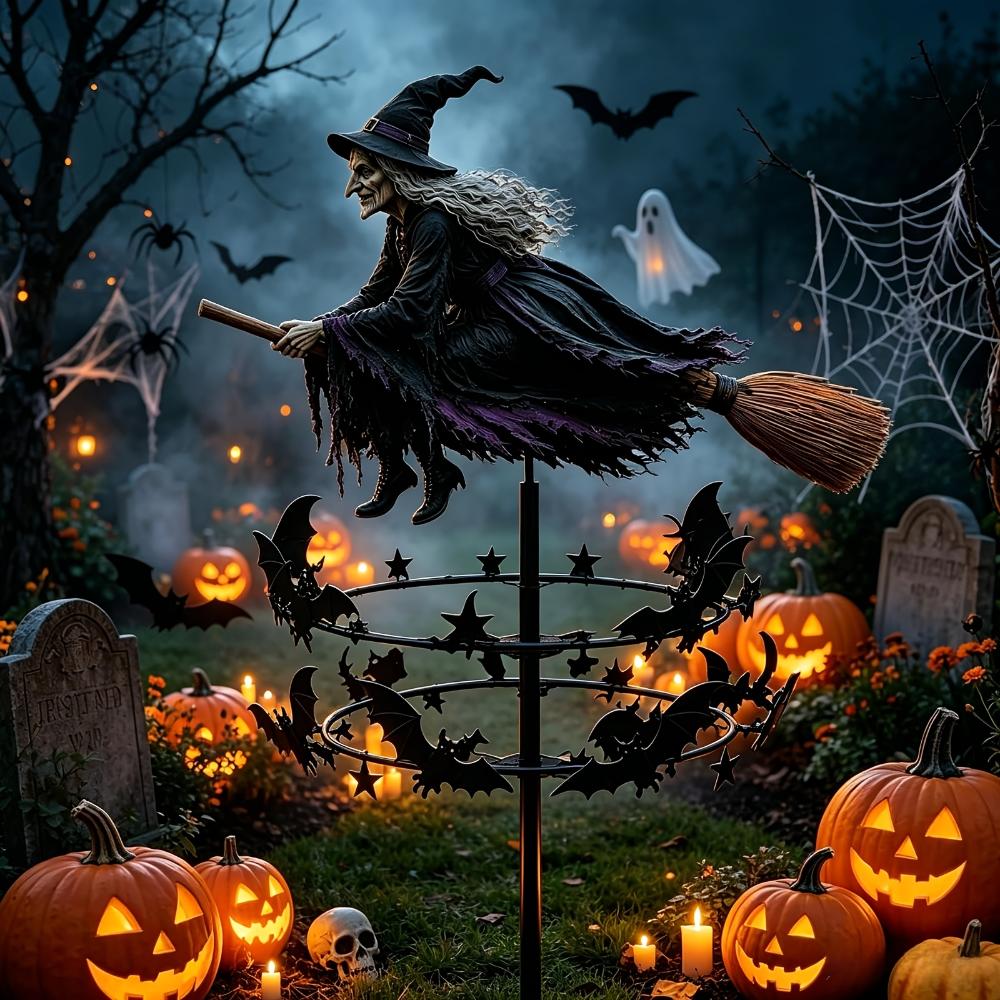 Mulino a vento da giardino magico spettrale di Halloween, decorazione da picchetto per esterni con motivi di strega e pipistrello, ornamento divertente e inquietante per la decorazione del giardino di Halloween