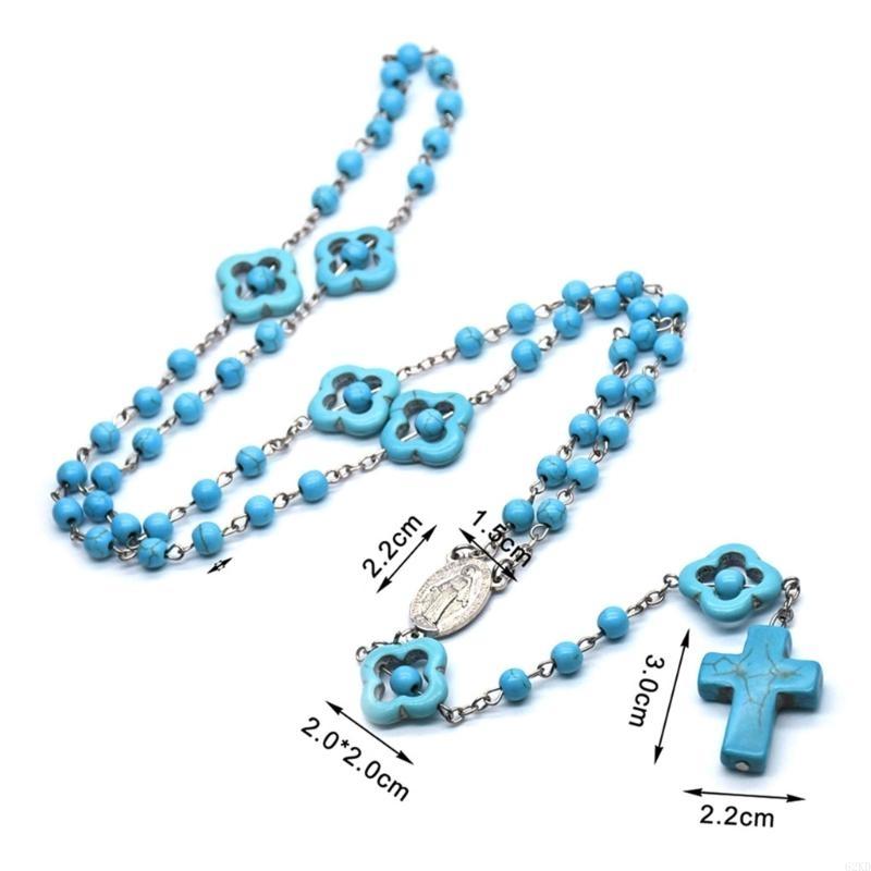 62KD Catholic Turquoise Rosary Necklace Mary Charm Round Bead for Cross Necklaces Religious Praying Fashion Jewelry