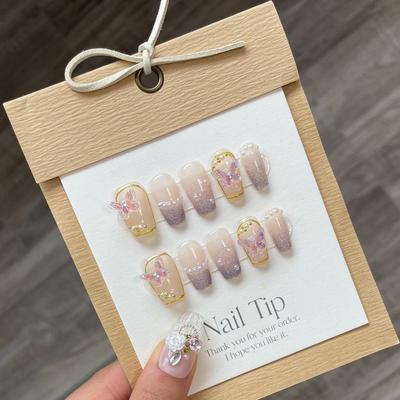 ΧΕΙΡΟΠΟΙΗΤΑ Τεχνητά Νύχια Πεταλούδα Μοβ Ντεγκραντέ Νύχια Φωτοθεραπείας Επαναχρησιμοποιήσιμα και Αφαιρούμενα Νύχια