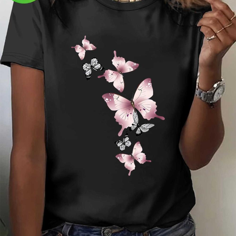 

Женская футболка с коротким рукавом с принтом бабочек, мягкий и дышащий повседневный топ, весенне-летне-осенняя цветочная повседневная футболка 6XL