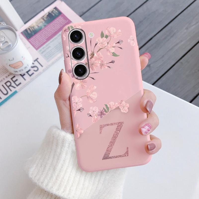 Initial Letter A Z Phone Case For Samsung Galaxy A55 A54 A56 A06 5G Cover Pink Flowers Soft Silicone Back Funda Coque TPU Bumper