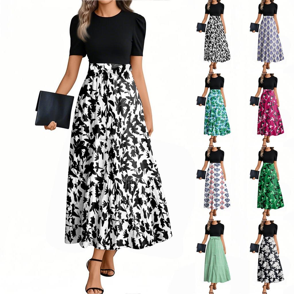 Women's Fashion Casual Belt Short Sleeve Round Neck Retro Printed Splicing Elegant Temperament Dress