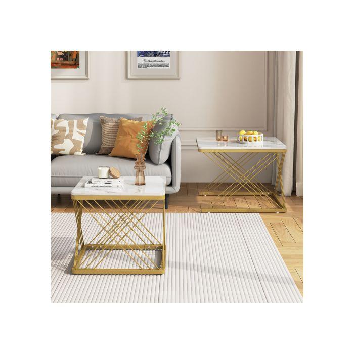 Lot de 2 tables basses élégantes, carrées 60*60*45 cm et 45*45*40 cm, aspect marbre brillant