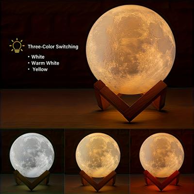 3D-Printed Moon-Shaped LED Night Light, USB Plug, with 4.7-Inch Wooden Base, Touch-Control Brightness, Christmas Gift