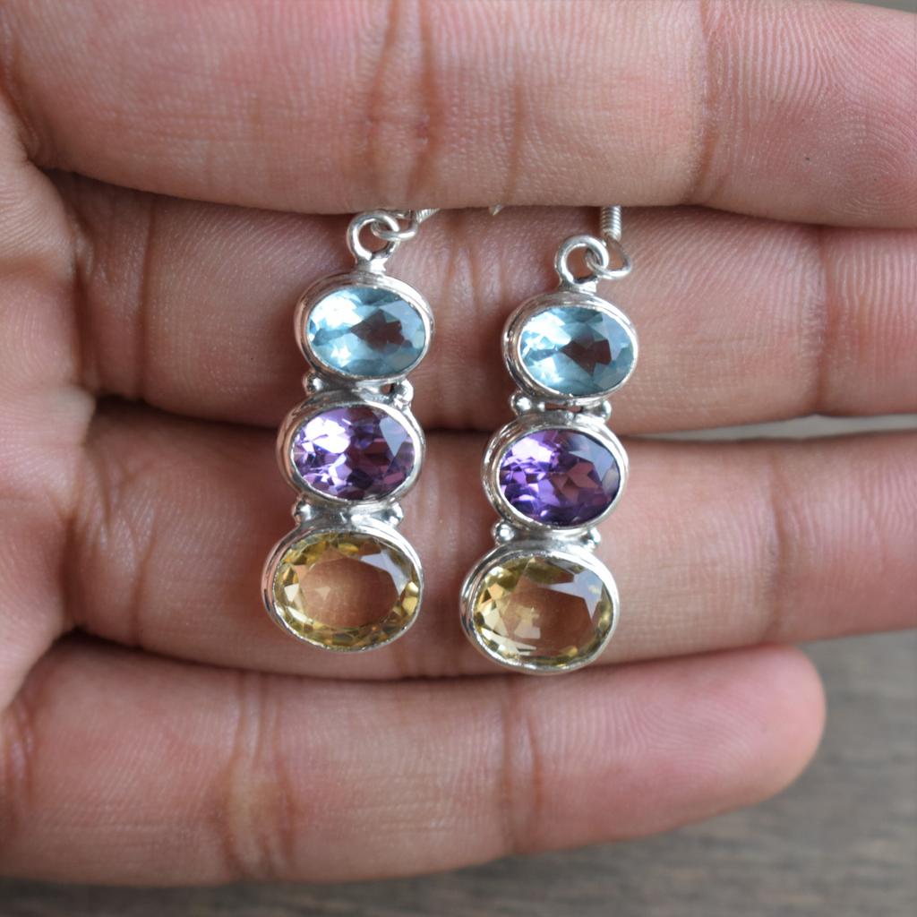 Blue Topaz Amethyst Citrine Earrings, 925 Sterling Silver, Gemstone Dangle Earrings