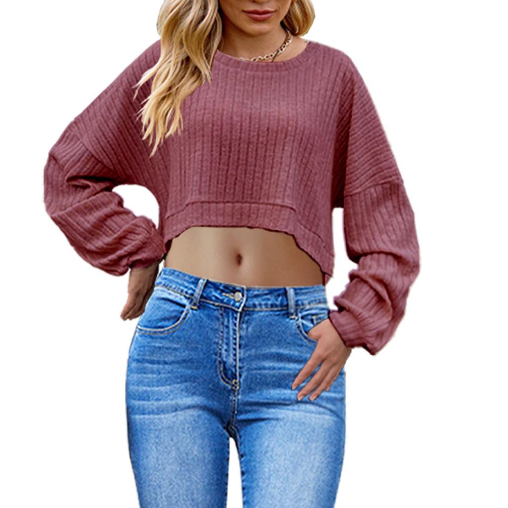 GMXIA Autumn and Winter Women's Wear Is A Brushed Pit Striped Knitted Crop Top with Long Sleeves and Short T-shirts