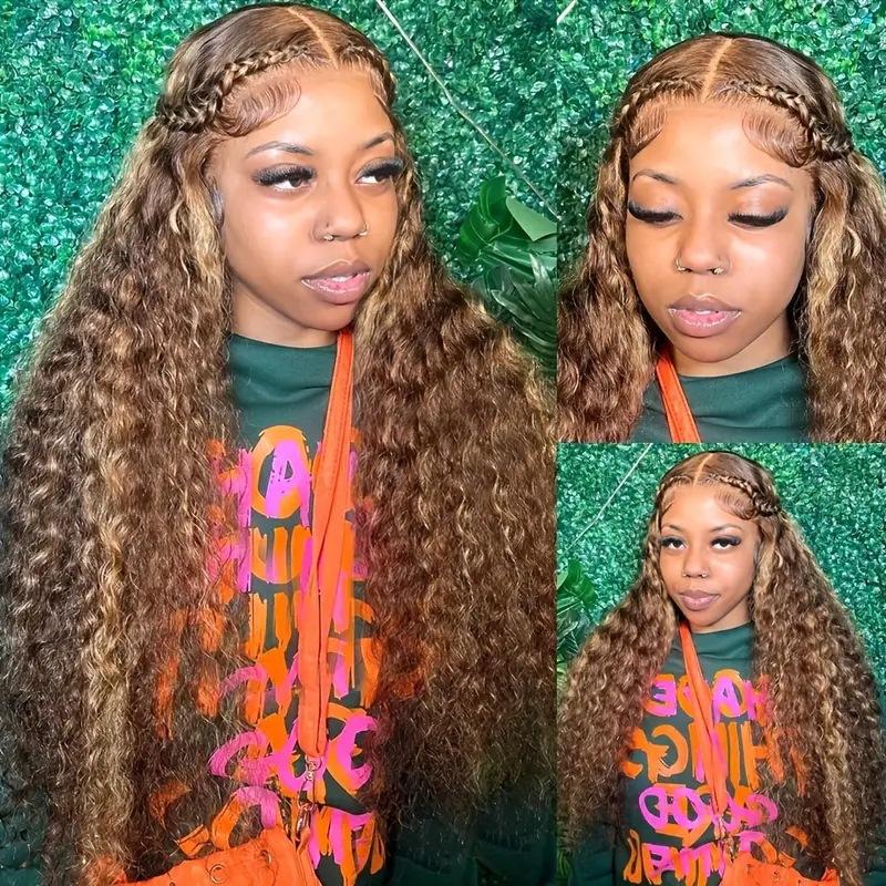 Парик на переднем кружеве женский модный золотисто-коричневый мелкий кудрявый длинный кудрявый волос General