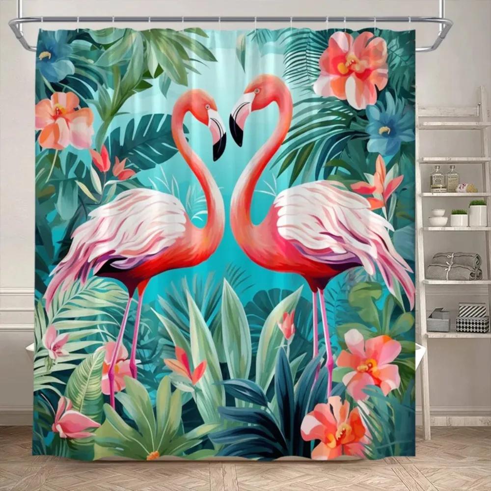 Tropical Jungle Flamingo Shower Curtains Animals Lake Lotus Flowers Palm Tree Plant Forest Scenery Fabric Bathroom Curtain Decor