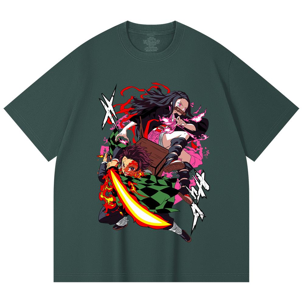 230 Gsm 100% Cotton Demon Slayer V3 Tanjiro Nezuko Print Unisex Heavy Cotton T Shirt