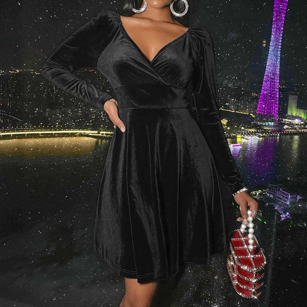 Dámská móda A Zimní Sexy Sametové Šaty s Výstřihem do V Malé Šaty