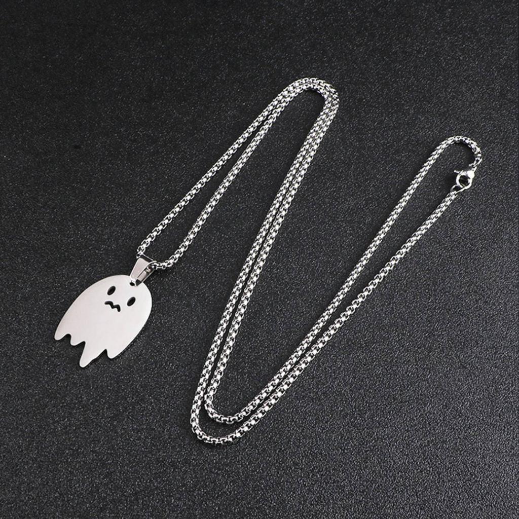 Sad Ghost Pendant Necklace for Women Men Stainless Steel Jewelry Halloween Child's Gift