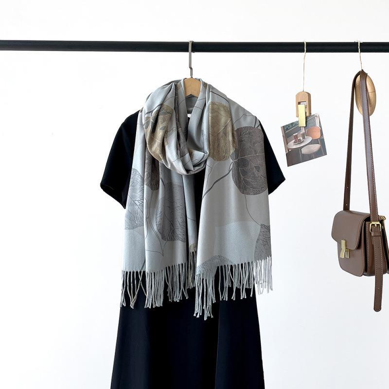 Long Digital Print Cashmere-Like Scarf, Leaf & Orange Design with Tassels, Warm Coffee Color Shawl for Women, Perfect for Spring & Autumn