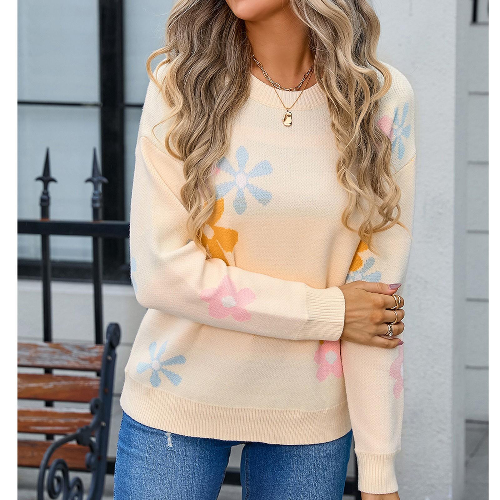 

Женские пуловеры с круглым вырезом и цветочной вышивкой, свитера с длинными рукавами L бежевый