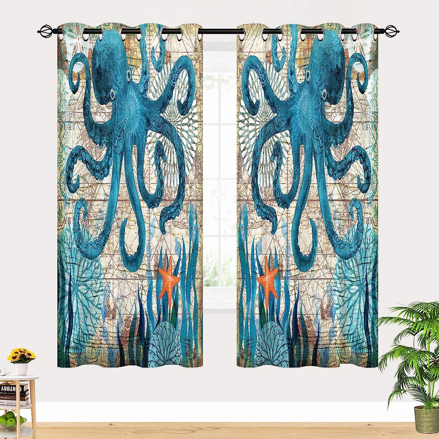 Sea Turtle Ocean Animal Curtain Creative Underwater World Background for Living Room Bedroom Decoration 2x50W130H(CM)40x51in&Hook