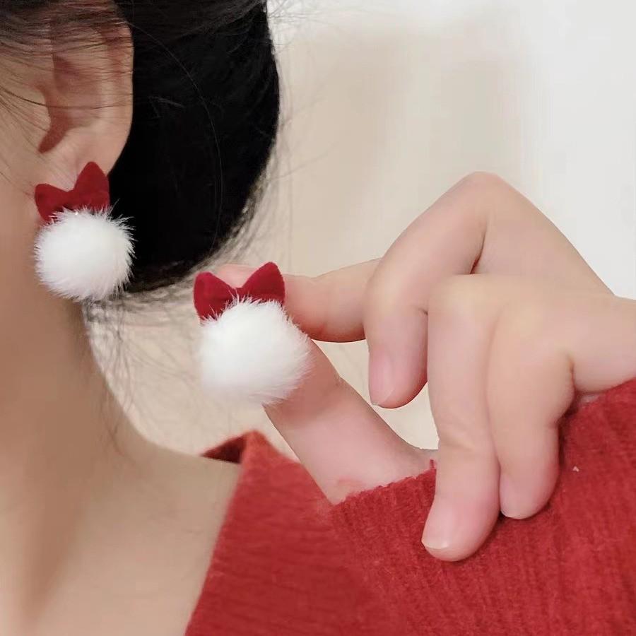 

2024 Festive Red Bow Pompon Clip-On Earrings Bow Pompon Ear Stud
