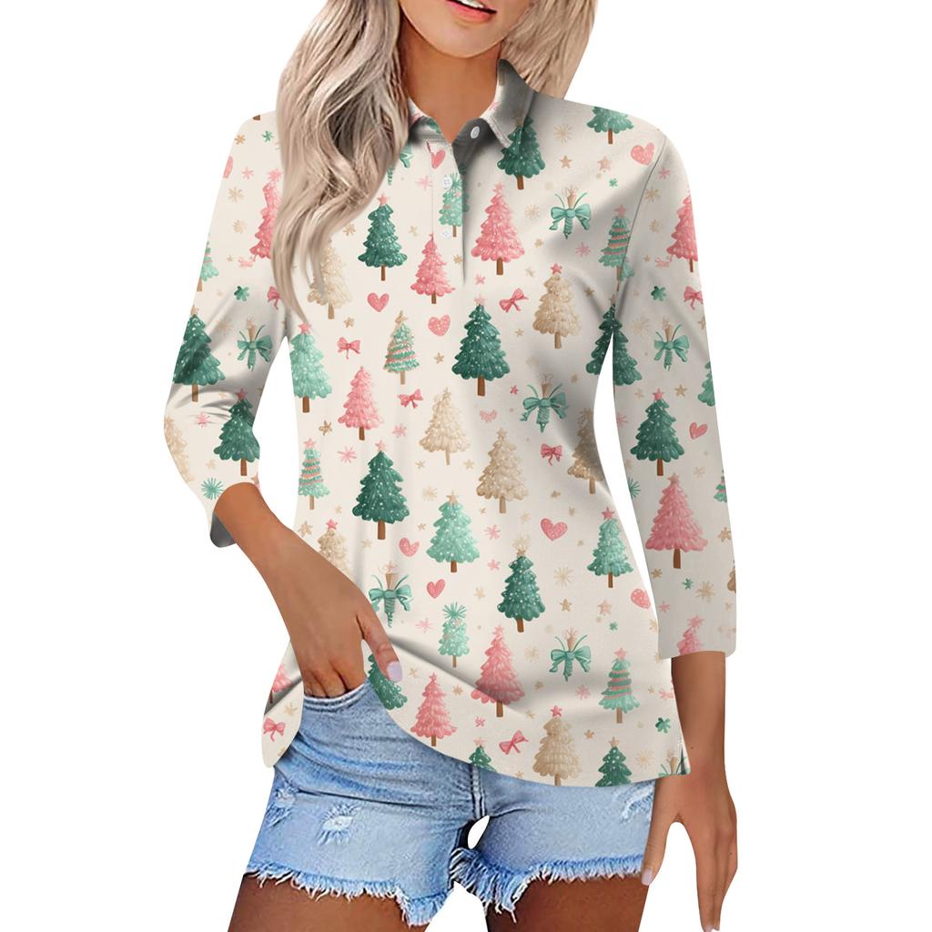 Women's Fashion Casual Button 3/4 Sleeve Vintage  Print Lapel Top