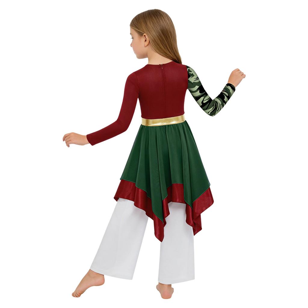 Girls Worship Dance Outfit Long Sleeve Printed Patchwork Irregular Hem Dress with Wide Leg Pants
