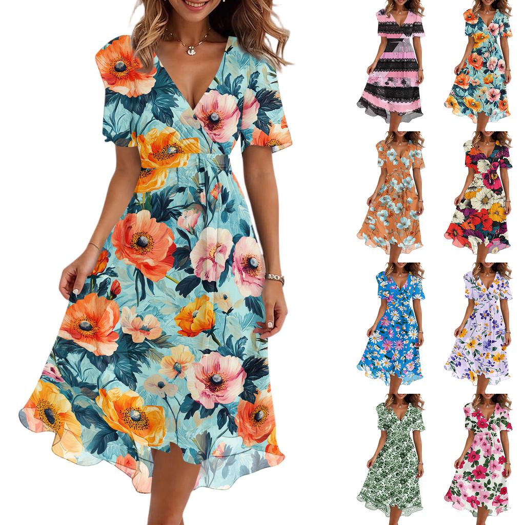 Women V Neck Short Sleeve Casual Dress Vintage Floral Print Midi Dress with Wrap Style and Flared Hem Suitable for Daily Wear