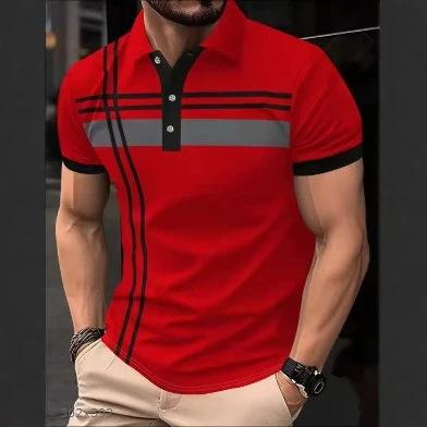 Mens Short Sleeve Striped Polo Shirt Casual 3d Print Top S красный