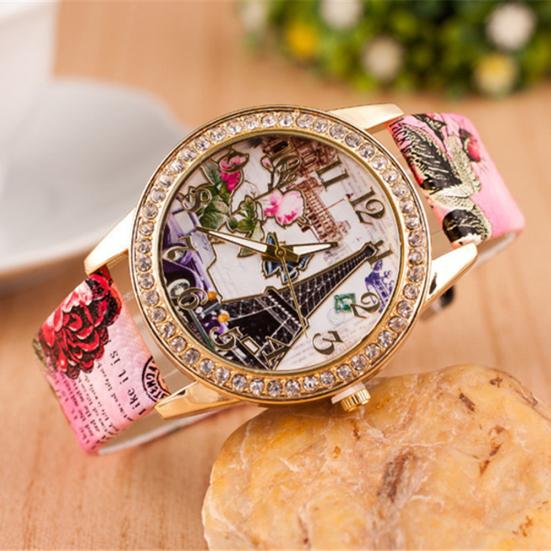 Orologio da polso da donna al quarzo con quadrante rotondo intarsiato di strass a forma di fiore e cinturino in ecopelle