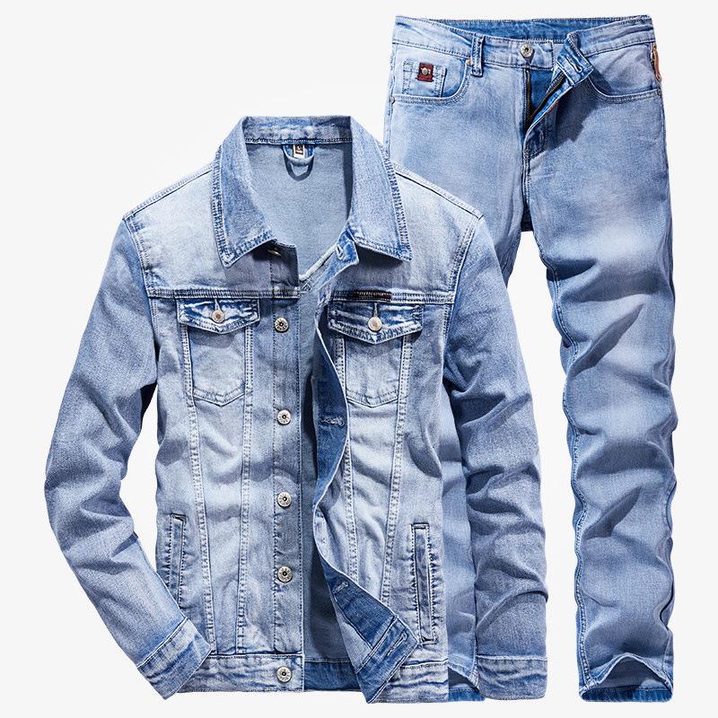 Men's Slim Fit Denim Suit - New Korean Style Jacket & Pants Set for Spring/Autumn