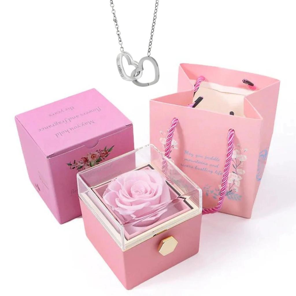 Personalized Couple's Names Heart Necklace Custom Jewelry Rotating Preserved Rose Box For Women Wife Valentine's Day Gift