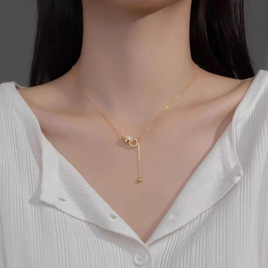 High-End Diamond Double Ring Tassel Necklace for Women - Simple, Fashionable Clavicle Chain