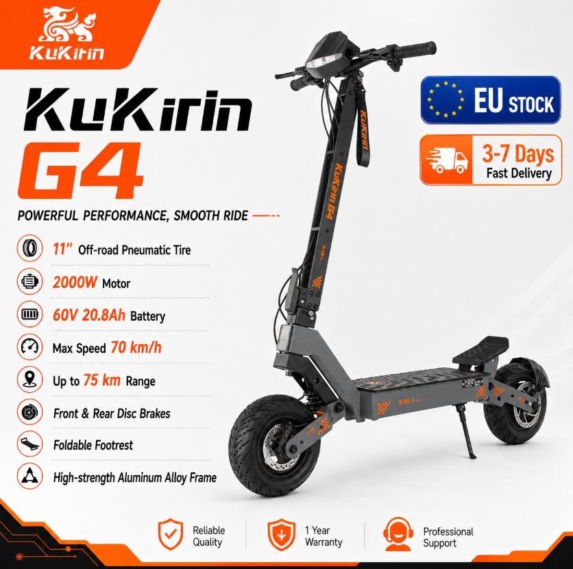 EU Stock KuKirin G4 E-Scooter 2000W60V20Ah,75km Top Range 70km/h Max Speed 11" Off-Road Vacuum Tires