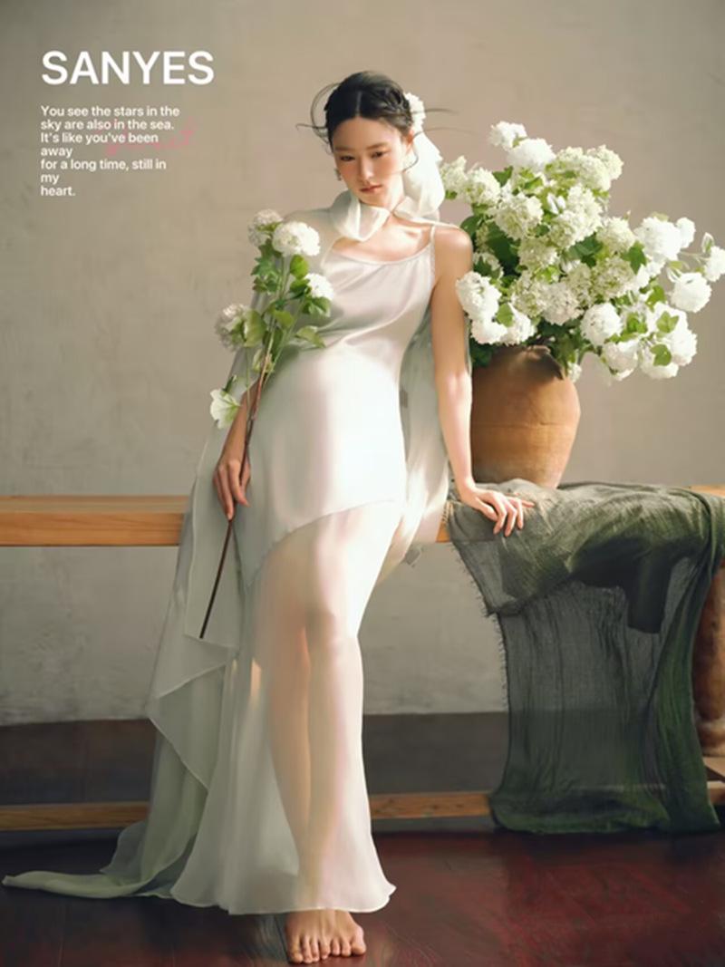 

Fairy White Maternity Photoshoot Dress - New Chinese Style Light Gauze Skirt with Strappy Design One Size