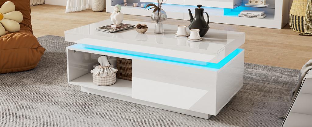 Moderner Hochglanz-Couchtisch mit LED-Beleuchtung, 100x50x40,3 cm – Eleganter Tisch mit Schublade und 50 kg Tragfähigkeit