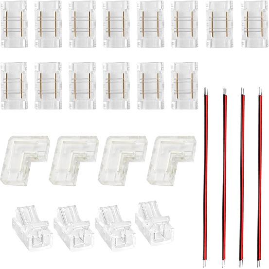 2Pin Transparent Solderless 8mm COB LED Strip Connector Corner Kit,Strip To Wire 4P,Strip To Strip 12P,L-Shape 2P,Red and Black Wire 4P,for 5V 12V