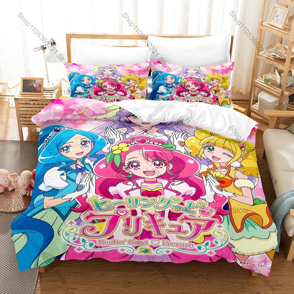Pretty Cure Duvet Cover + 2 Pillowcases, Cute Magical Girl Anime Print Bedding Set Soft Fabric for Kids & Fans Bedroom Decor