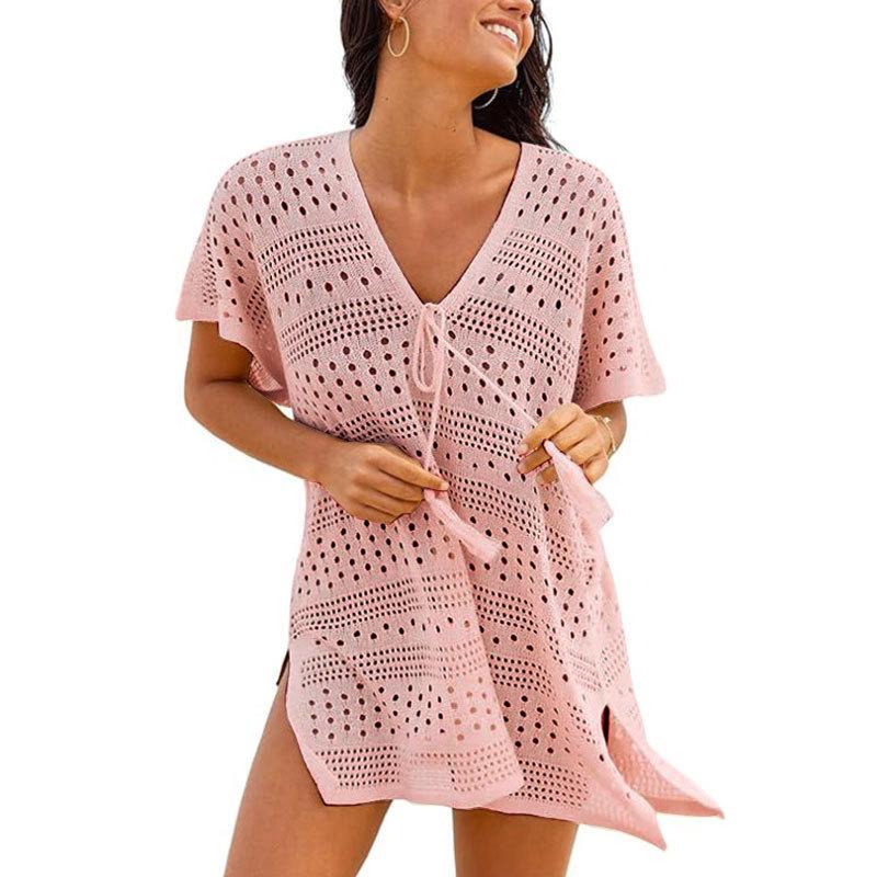 Women's V Neck Short Sleeve Crochet Knit Cover Up Dress Loose Fit Beach Tunic Dress
