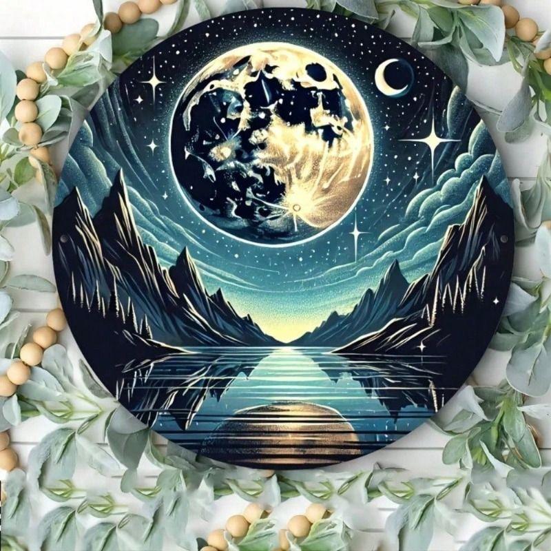 Metal Poster Retro Moon Landscape Round Wall Art for Garage