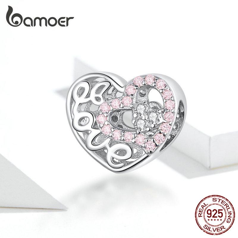 BAMOER Heart Shape Charm Fit Original Silver 925 Bracelet Pink CZ Heart In Heart Love Openwork Beads