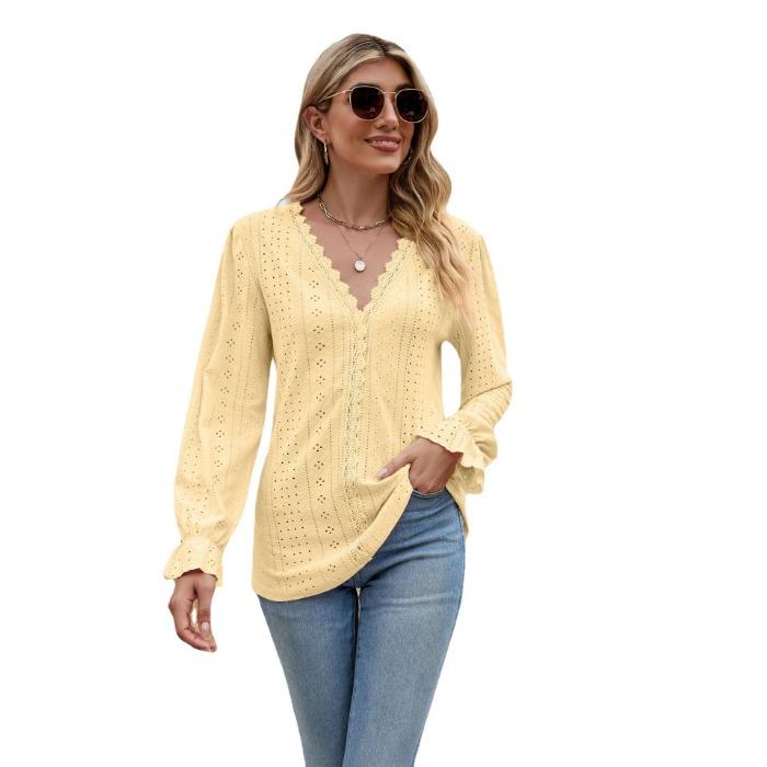 Vår og høst damebluse Ensfarget blonder patchwork V-hals løs langermet topp