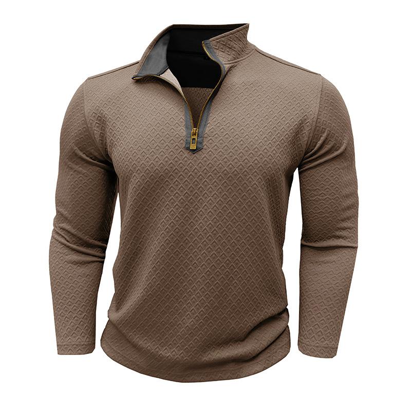 Modne męskie bluzy z kołnierzykiem typu „fall-down” Jesień Casual Plaid Teksturowana koszulka polo dla mężczyzn Leisure Długi rękaw Bluza z zamkiem błyskawicznym
