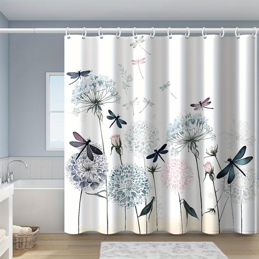 1pc Watercolor Dandelion Dragonfly Printed Shower Curtain Waterproof Polyester Fabric with Hooks Bathroom Home Decoration