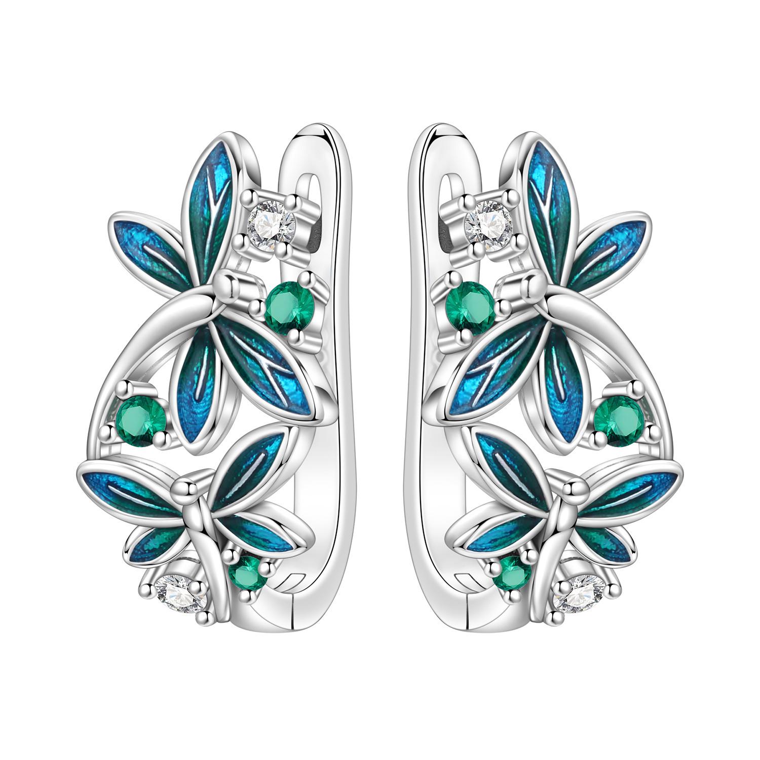

S925 Sterling Silver Blue Green Dragonfly Earrings Hoop Earrings Women Jewelry Original Trendy Anniversary Gifts
