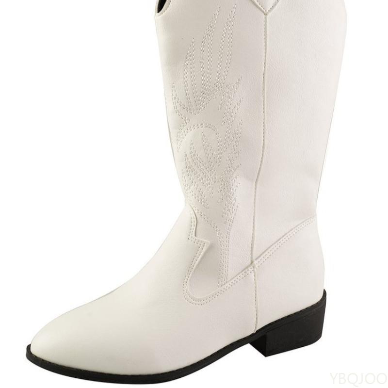 Fashionable Versatile Women's Boots Embroidered Retro Elegant Minimalist Thick Heels Shoes Outdoor Denim Mid Calf Boots