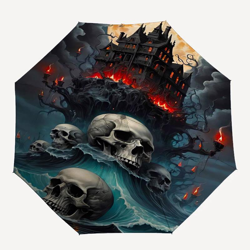Haunted Mansion, Ghostly Skulls- Automatic Umbrella, Four Seasons Portable Folding Umbrella, Suitable for Men and Women, Travel, Daily Compa