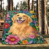 1pc Golden Retriever Floral Throw Blanket Polyester Fiber, Lightweight Flannel, Soft & Warm, All Season Use for Outdoor, Camping