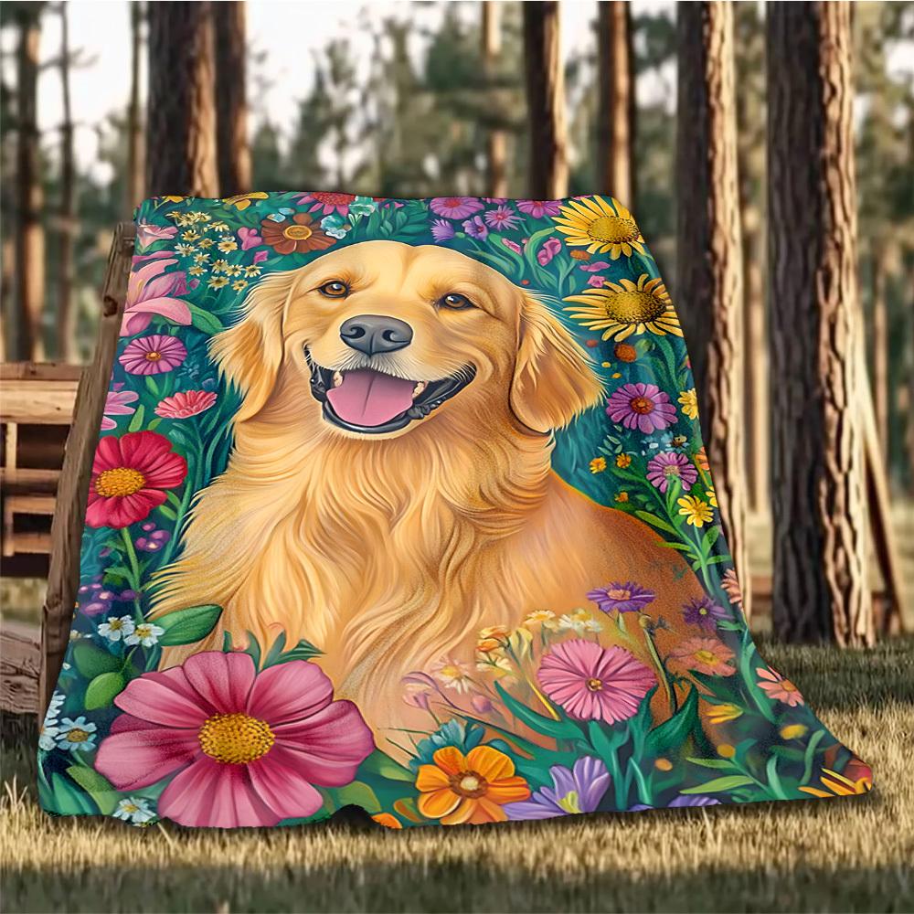 1pc Golden Retriever Floral Throw Blanket Polyester Fiber, Lightweight Flannel, Soft & Warm, All Season Use for Outdoor, Camping